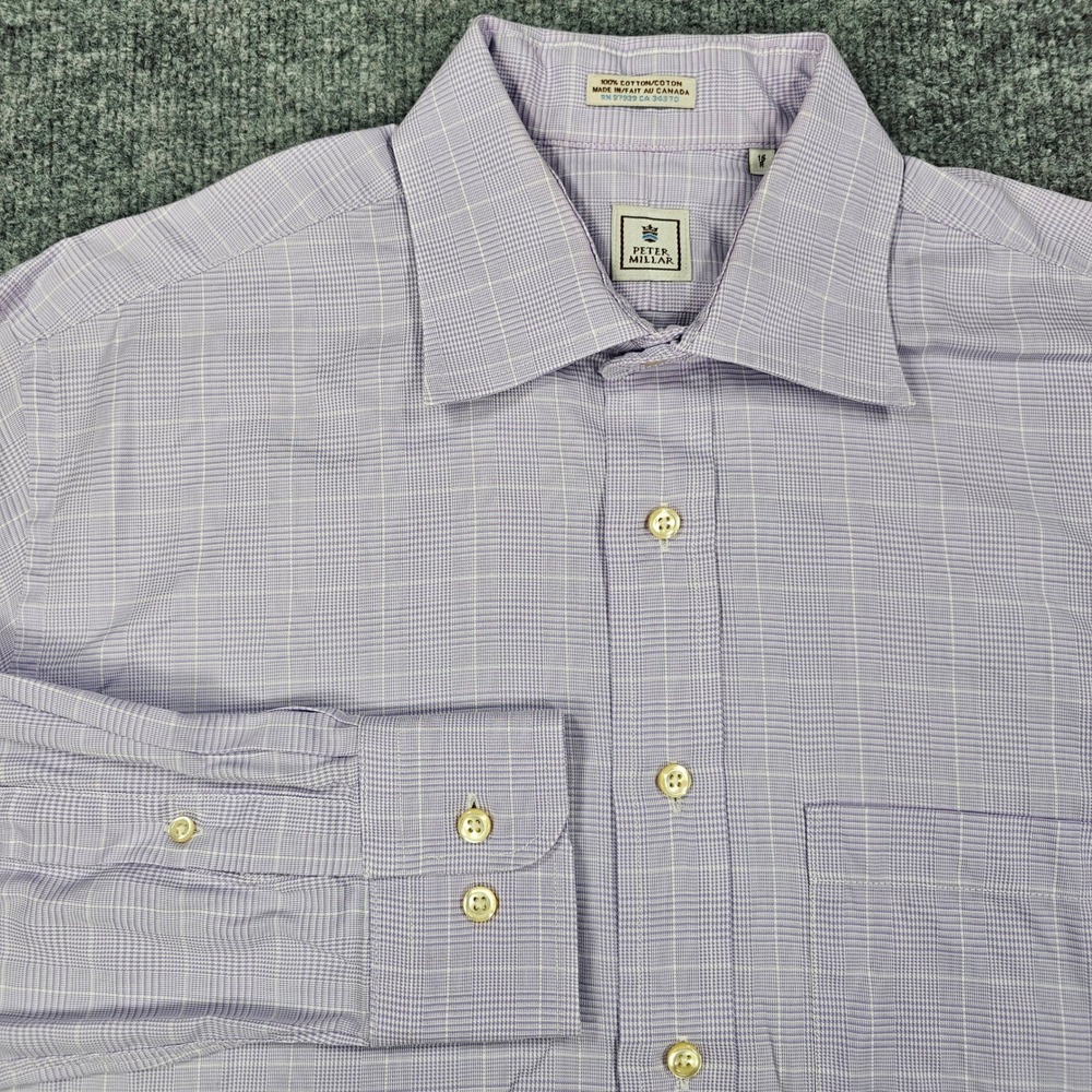 Peter Millar Dress Shirt Mens 16‎ R Purple White Plaid Cotton Canada L Classic *
